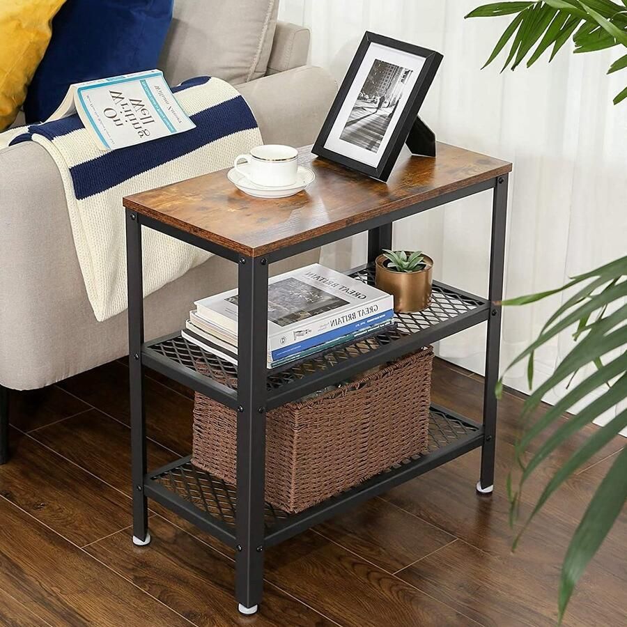 Vasagle EMOB Bijzettafeltje Bill 60x30 2 legplanken rustiek bruin zwart Hoektafels Zwart Metaal; Spaanplaat Hoektafels Op voorraad