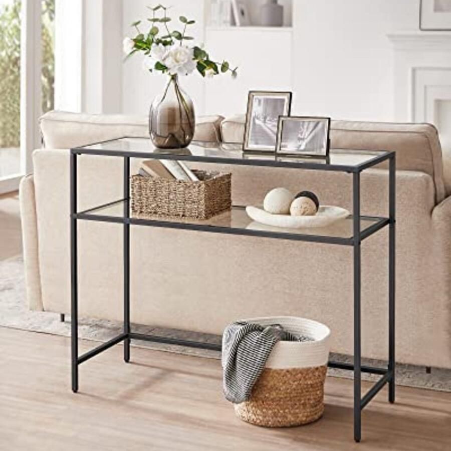 Vasagle EMOB Moderne consoletafel met stalen frame en gehard glazen planken voor woonkamer hal Haltafels Zwart Metaal; Glas Haltafels Op voorraad