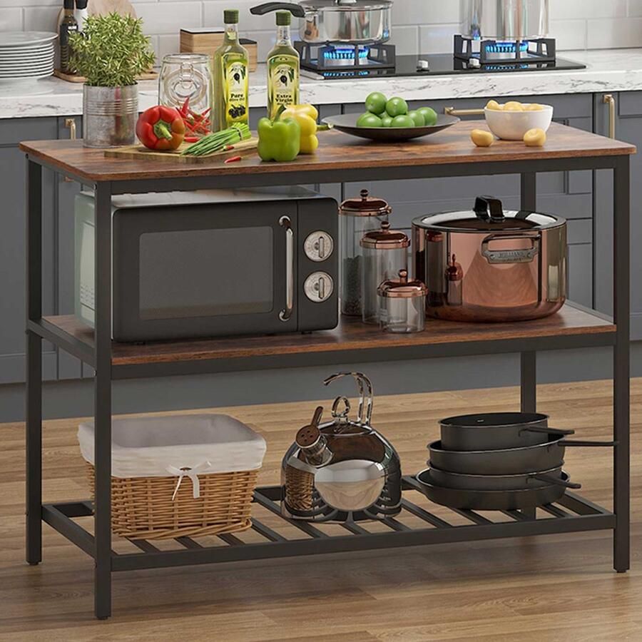 Vasagle EMOB Rustiek bruin keukeneiland groot werkblad stabiele stalen structuur 120 x 60 cm Keukeneilanden Bruin; Zwart Metaal; Spaanplaat Keukeneilanden Op voorraad - Foto 3