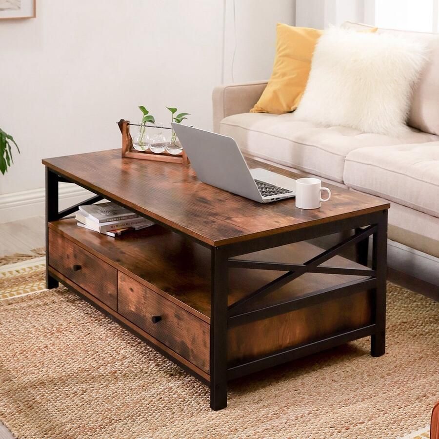 Vasagle EMOB Industriële salontafel met klapdeksel opbergruimte en legplank Salontafels outlet Bruin Metaal; Spaanplaat Salontafels outlet Op voorraad - Foto 2