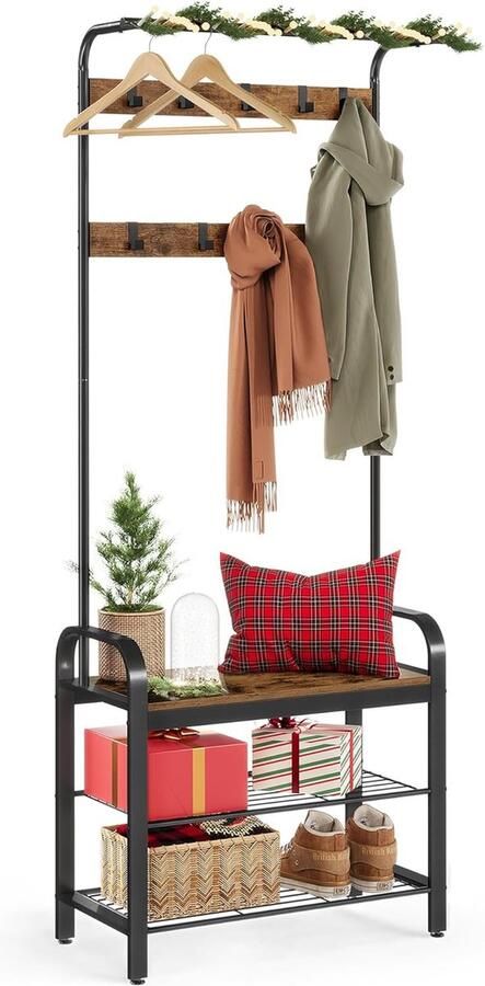 Vasagle Kapstok garderobe halkast met schoenenrek met 3 niveaus met afneembare haken hoogte 183 cm metalen frame rustiek bruin en zwart HSR40B