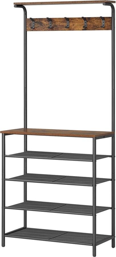 Vasagle Kapstok kledingrek garderobe met 5 dubbele haken schoenenrek met 5 niveaus een plank boven voor woningen slaapkamer hal industrieel design vintage bruin-zwart