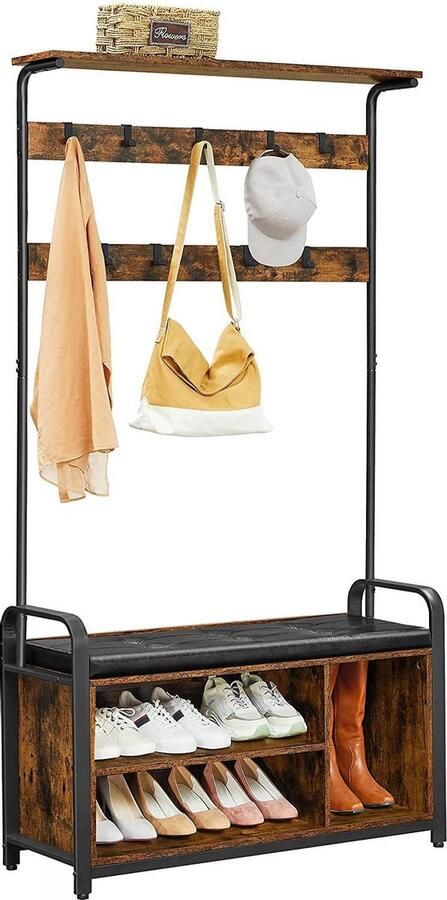 Vasagle kapstok kledingstandaard met 8 haken en zitje met schoenenrek metalen frame industrieel design vintage bruinzwart HSR099B01