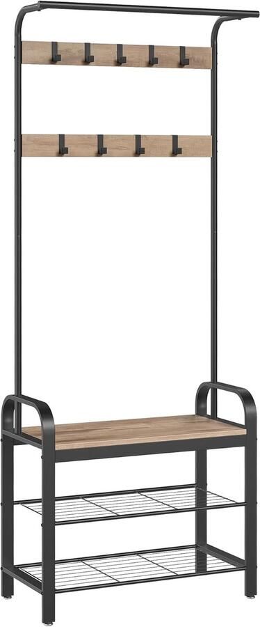 ‎VASAGLE Kapstok met schoenenopbergbank 4-in-1 design met 9 afneembare haken kledingstang voor hal entree 34 x 72 x 183 cm industrieel kameelbruin en inktzwart