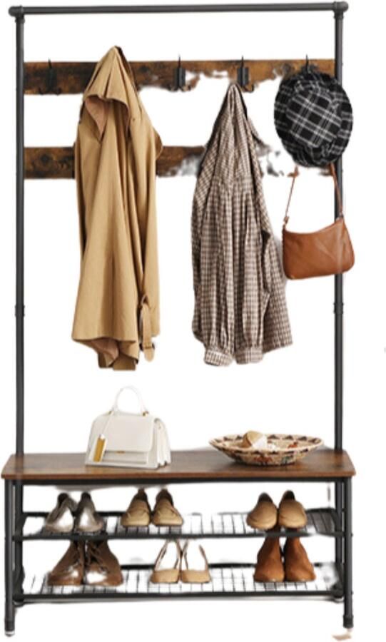 Vasagle Kapstok met schoenenrek kapstok met bank kledingrek schoenenrek 10 haken bovenste plank voor hal slaapkamer industrieel design vintage bruin
