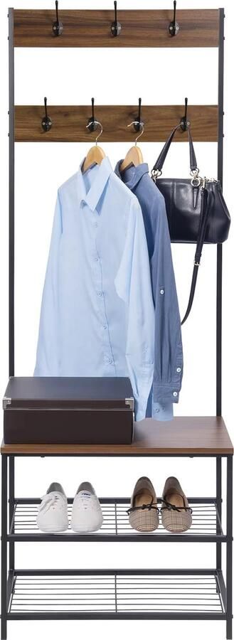 Vasagle Kapstok met schoenenrek kapstok met bank kledingrek schoenenrek 7 haken bovenste plank voor hal slaapkamer industrieel design vintage bruin