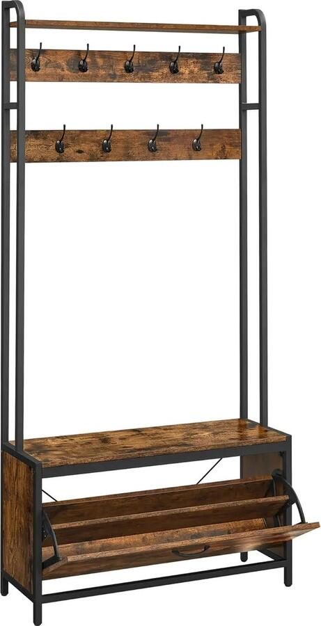 Vasagle Kapstok met schoenenrek kapstok met bank kledingrek schoenenrek 9 haken bovenste plank voor hal slaapkamer industrieel design vintage bruin - Foto 2