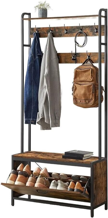 Vasagle Kapstok met schoenenrek kapstok met bank kledingrek schoenenrek 9 haken bovenste plank voor hal slaapkamer industrieel design vintage bruin
