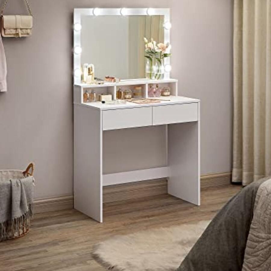 Vasagle EMOB Kaptafel met 9 LED lampen spiegel 2 laden 3 open vakken Kantoor outlet Wit Spaanplaat Kantoor outlet Op voorraad