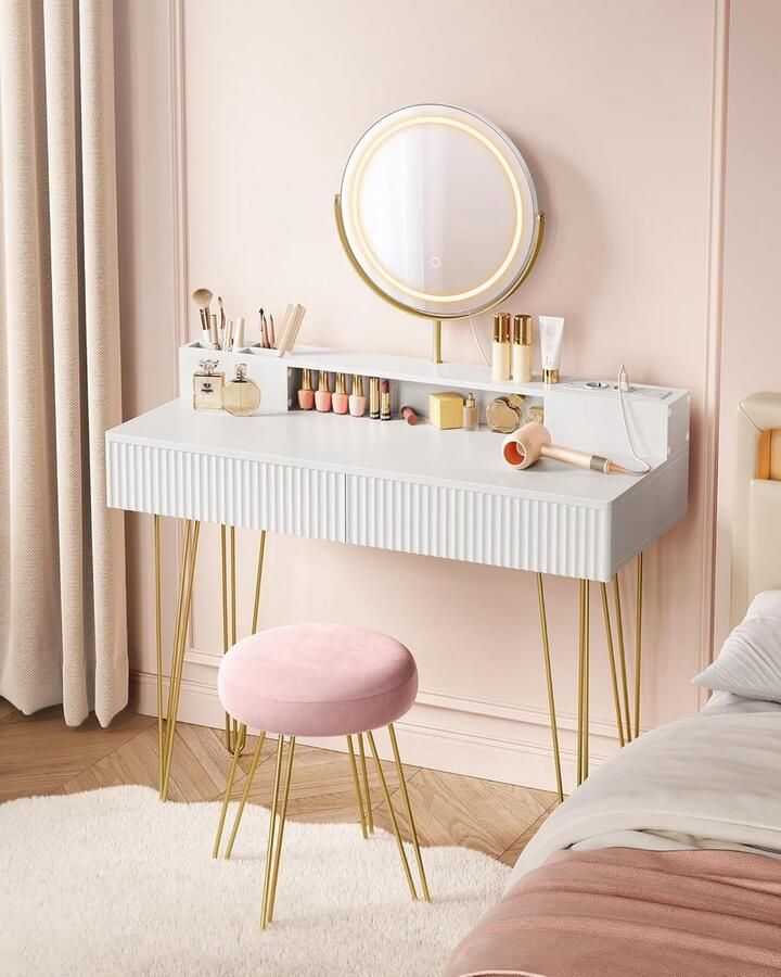 Vasagle kaptafel met kruk en verlichting stekkerdoos spiegel kaptafel 40 x 100 x 134 8 cm cosmeticatafel met laden gevoerde kruk mat wit-bleekgoud