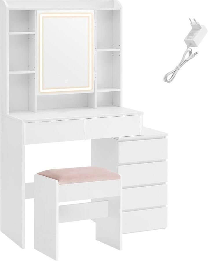 Vasagle kaptafel met LED-verlichting kaptafel met spiegel laden open vakken verstelbare planken kruk instelbare helderheid modern wolkenwit