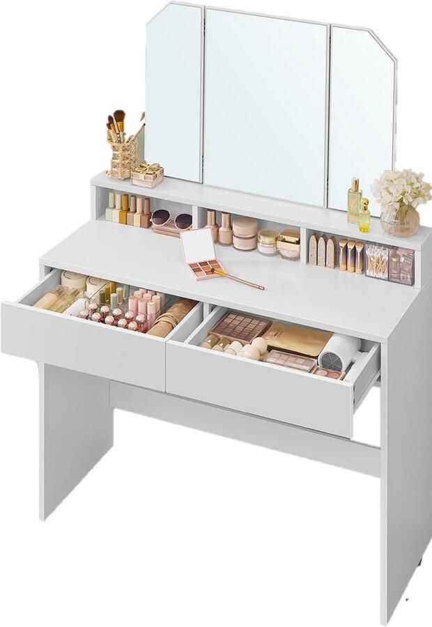 Vasagle Kaptafel Met Opvouwbare Spiegel Make Up Tafel Met Opbergruimte Wit 80x40x132cm