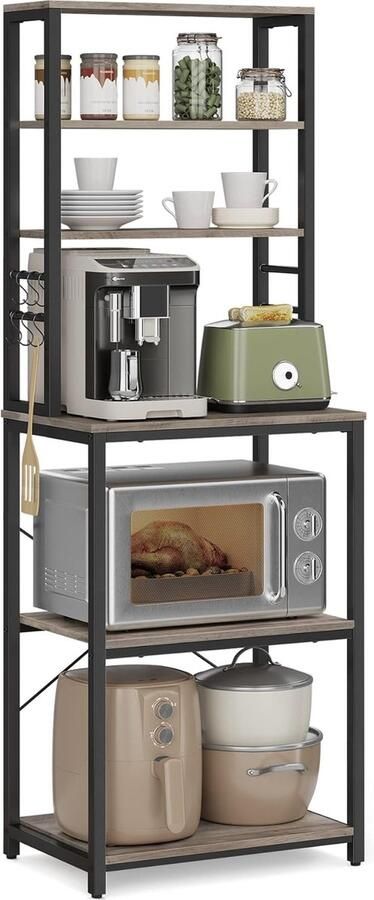 Vasagle Keukenrek rek voor koffiezetapparaat 6 planken en 6 haken voor magnetron stalen frame industriële stijl 40 x 60 x 167 cm grijs en zwart