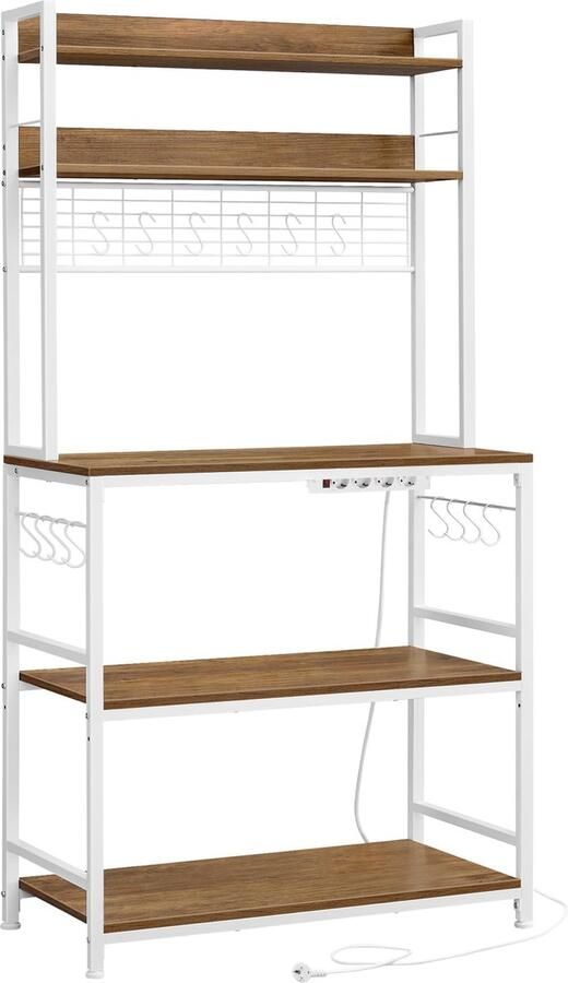 Vasagle Keukenrek staand rek met stopcontacten magnetronrek met roosterplaat 14 haken 40 x 80 x 170 cm vintagebruin-wit