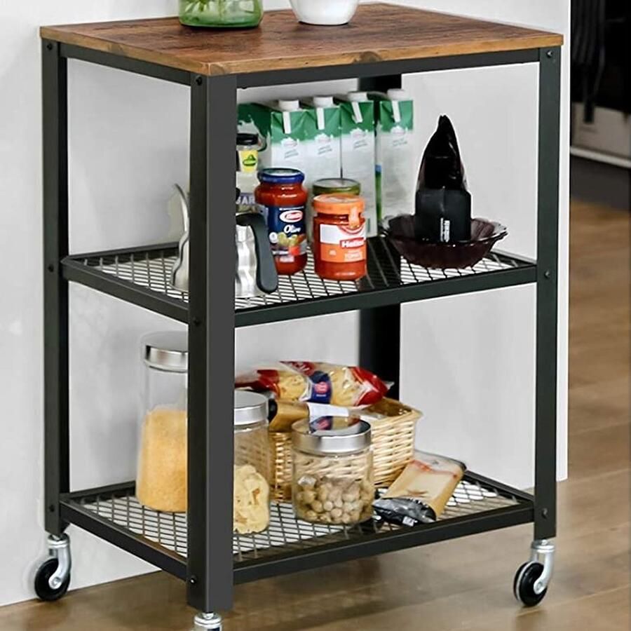 Vasagle Keukentrolley Bill 2 legplanken rustiek bruin zwart Keuken trolley Zwart Metaal; Spaanplaat - Foto 2