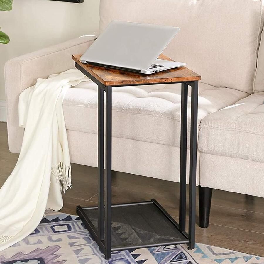 Vasagle EMOB Laptoptafeltje Brad 48x35 1 legplank bruin rustiek zwart Laptoptafels Bruin; Zwart Metaal; Spaanplaat Laptoptafels Op voorraad