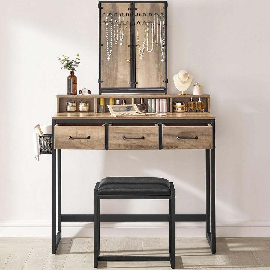 Vasagle Make-upset Zaza Tafeltje stoel en spiegel Bruin-zwart