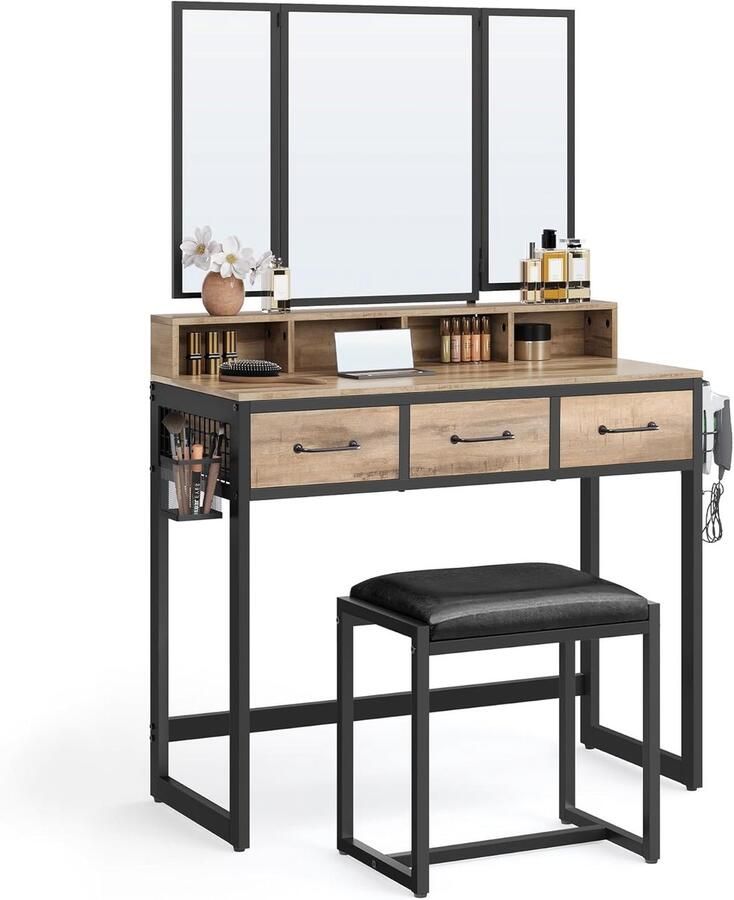 Vasagle Make-uptafel met gestoffeerde kruk kaptafel met drievoudige spiegel 3 laden haardrogerhouder cosmeticatafel industriële stijl eikenbruin-zwart