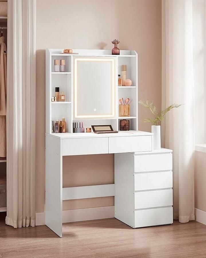Vasagle Make-uptafel met ledverlichting instelbare helderheid kaptafel met spiegel en met laden open vakken verstelbare planken wit RDT124W01-2