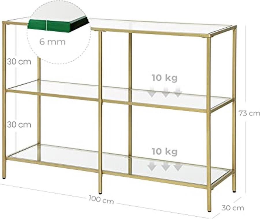 Vasagle EMOB Moderne Console Tafel 3-etage gehard glas Sofa Tafel met metalen frame voor hal woonkamer slaapkamer gouden kleur Haltafels Goud Metaal; Glas Haltafels Op voorraad - Foto 2