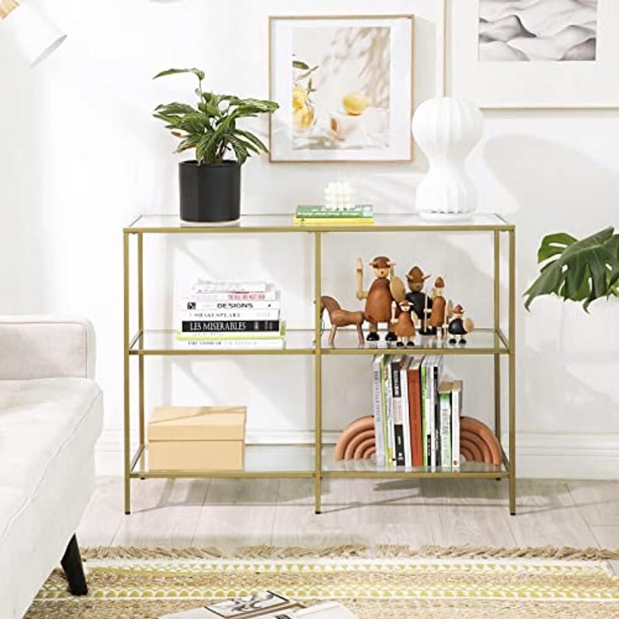 Vasagle EMOB Moderne Console Tafel 3-etage gehard glas Sofa Tafel met metalen frame voor hal woonkamer slaapkamer gouden kleur Haltafels Goud Metaal; Glas Haltafels Op voorraad - Foto 2