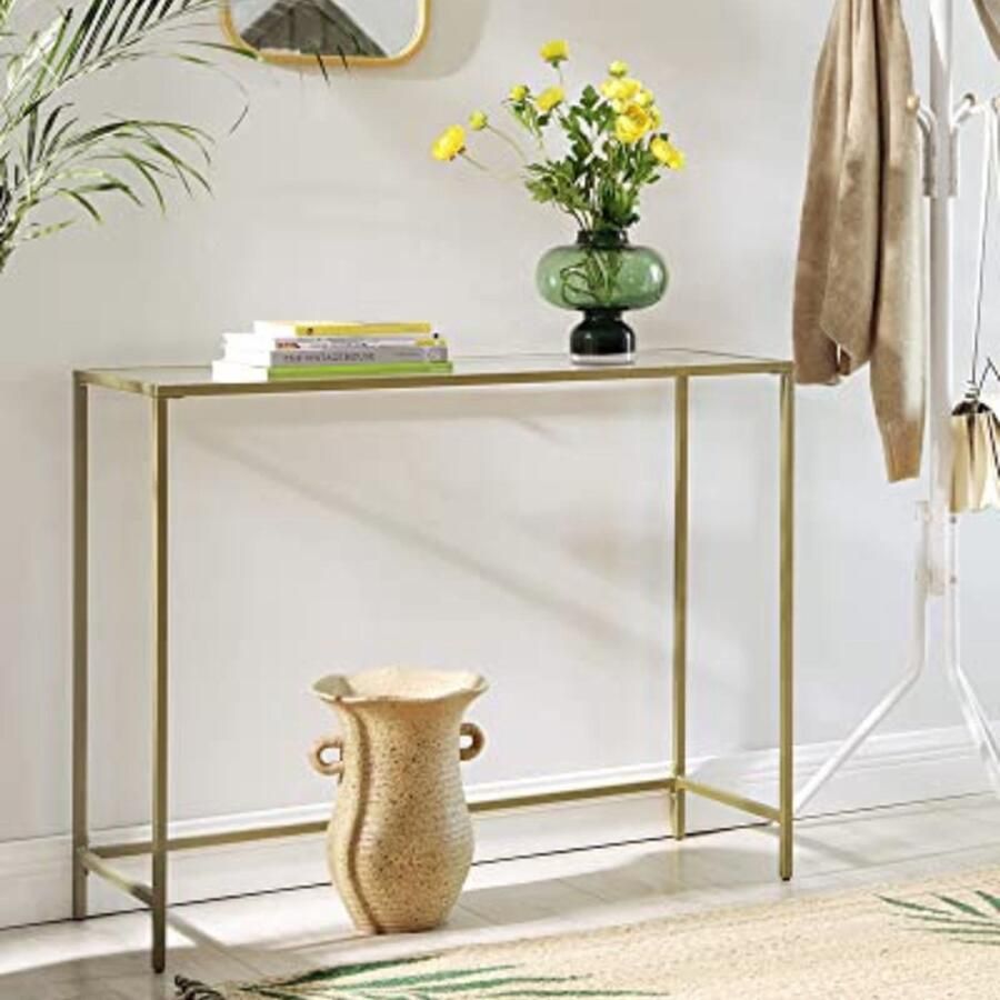 Vasagle EMOB Moderne Gouden Console Tafel met Gehard Glas Metalen Frame Stevig Verstelbare Voeten Haltafels Goud Metaal; Glas Haltafels Op voorraad