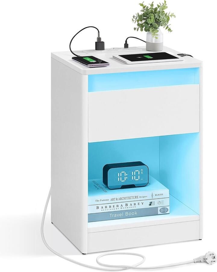 Vasagle Nachtkastje met instelbare ledverlichting bijzettafel met stopcontacten lade 2 AC-stopcontacten 2 USB-poorten modern voor slaapkamer woonkamer wolkenwit