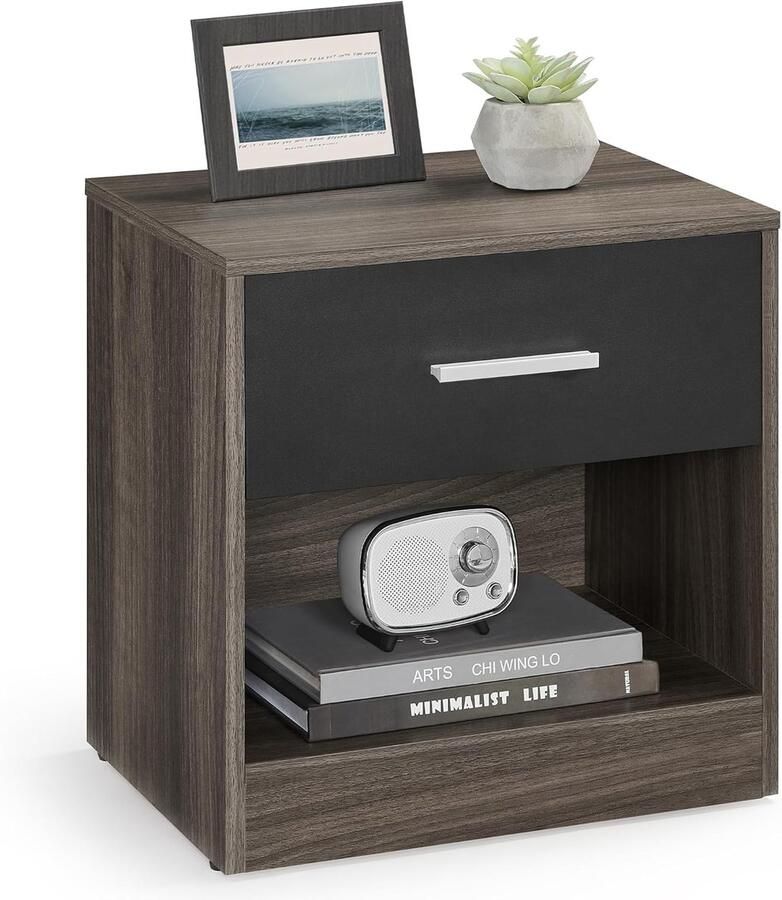 Sierra Nachtkastje met lade handvat open vak voor slaapkamer woonkamer bruin en zwart inkt