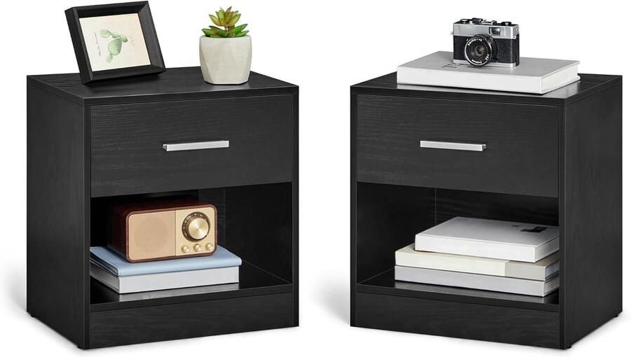 Vasagle Nachtkastje set van 2 – Bijzettafeltje met lade handgreep en open vak – Slaapkamer living – Classic Black (model LET819T56)