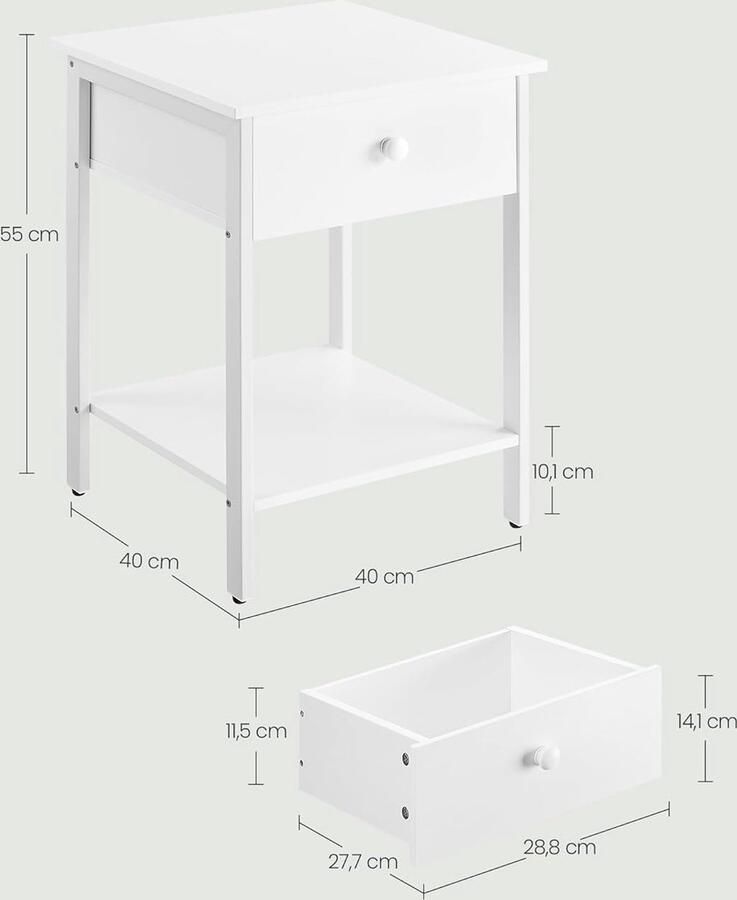 Vasagle Nachtkastje set van 2 nachtkastje bijzettafel met lade en plank 40 x 40 x 55 cm slaapkamer woonkamer stalen frame eenvoudige montage matwit