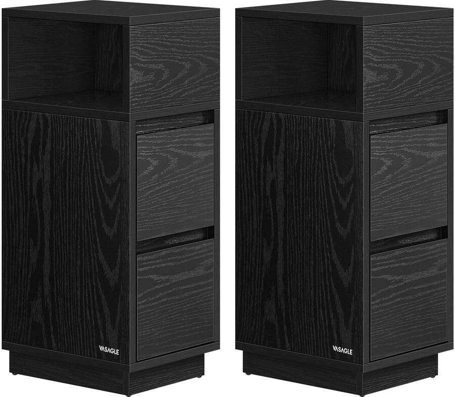 Vasagle Nachtkastje set van 2 smal bijzettafel met 2 laden open vak flexibel links of rechts te monteren voor slaapkamer woonkamer ebbenhout zwart