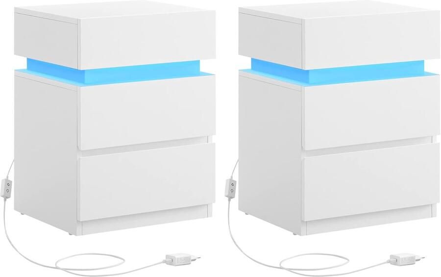 Vasagle Nachtkastjes Set van 2 met wisselende veelkleurige LED-lichtstrip 3 laden moderne bijzettafel 35 x 40 x 55 cm Cloud White LET0830W01