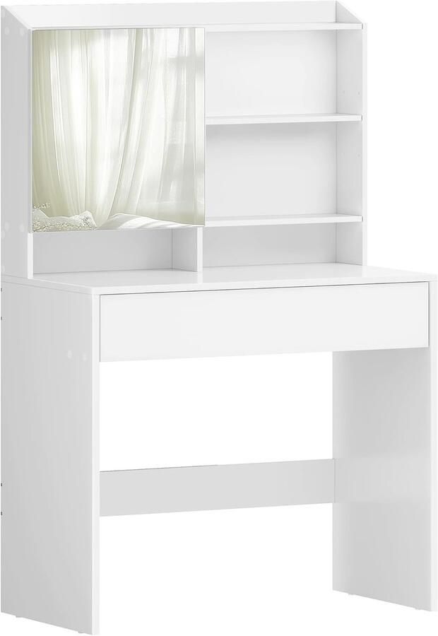 Vasagle RDT118W01 Kaptafel met spiegel en één lade Cosmetische tafel Verstelbare planken Modern 40 x 70 x 136 cm Cloud White