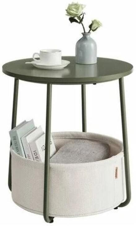 Vasagle ronde bijzettafel kleine tafel kleine salontafel woonkamertafel met stoffen mand opbergruimte voor woonkamer slaapkamer modern nachtkastje bosgroen-crèmewit