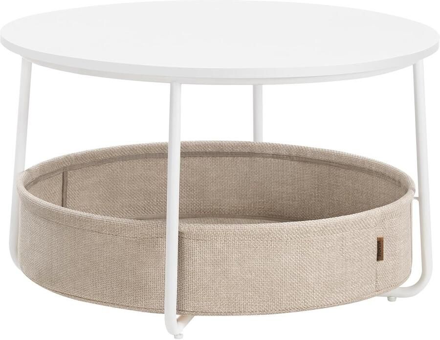 ‎VASAGLE Ronde Salontafel met Opbergbak – Bijzettafel voor Woonkamer • Modern Design • Met Stoffen Mand • Metalen Frame • Mat Wit en Camelbruin – Model LCT244W10