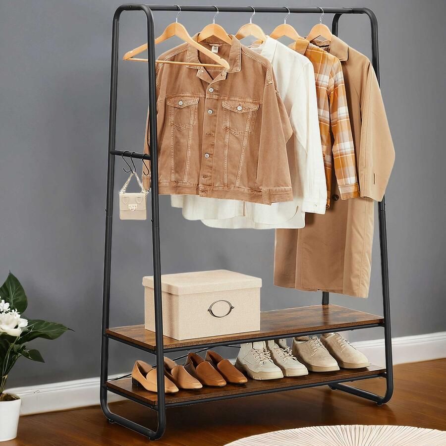 Vasagle Rustiek bruin zwart stalen kledingrek met 2 planken en 6 haken