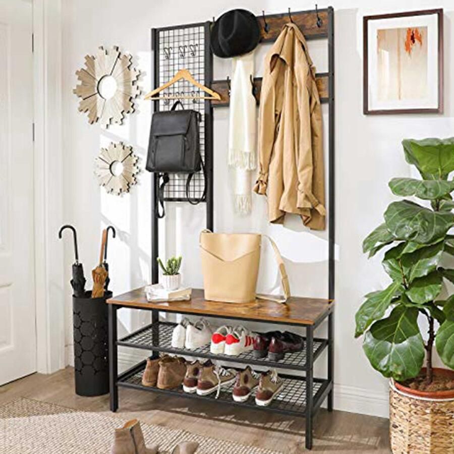 Vasagle Rustieke bruine kapstok met roosterwand haken gaasplanken schoenenrek