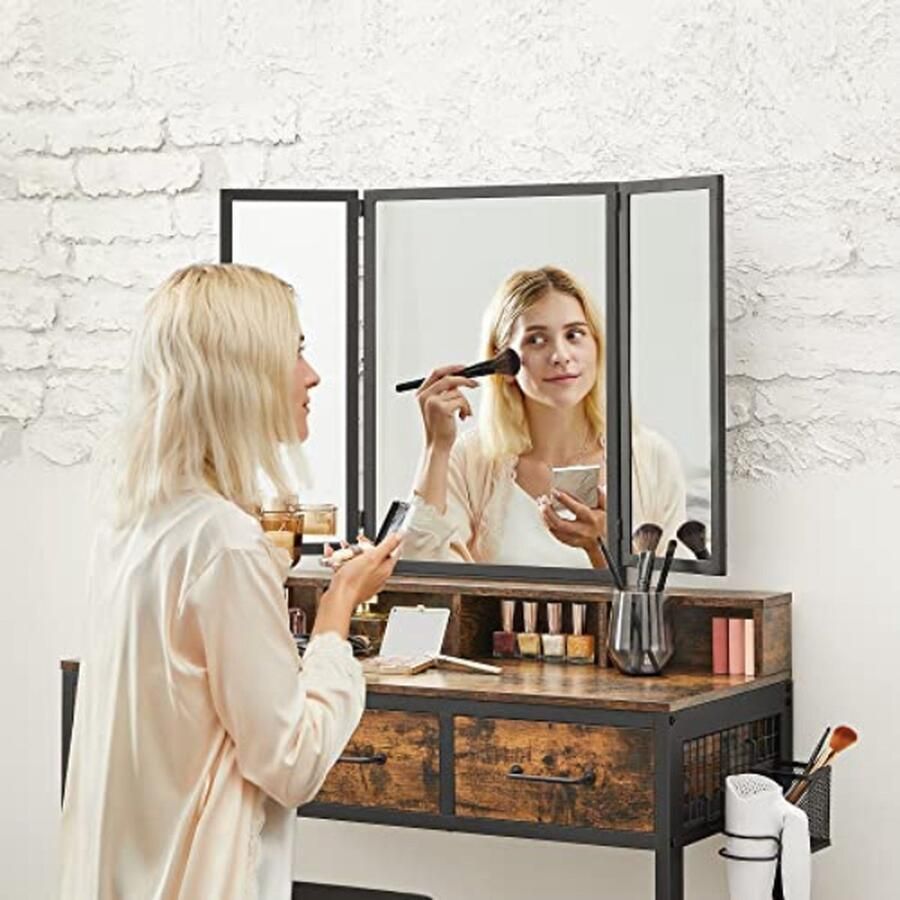 Vasagle EMOB Rustieke zwart bruine kaptafelset met spiegel en krukje Kantoor Bruin Spaanplaat Kantoor Op voorraad