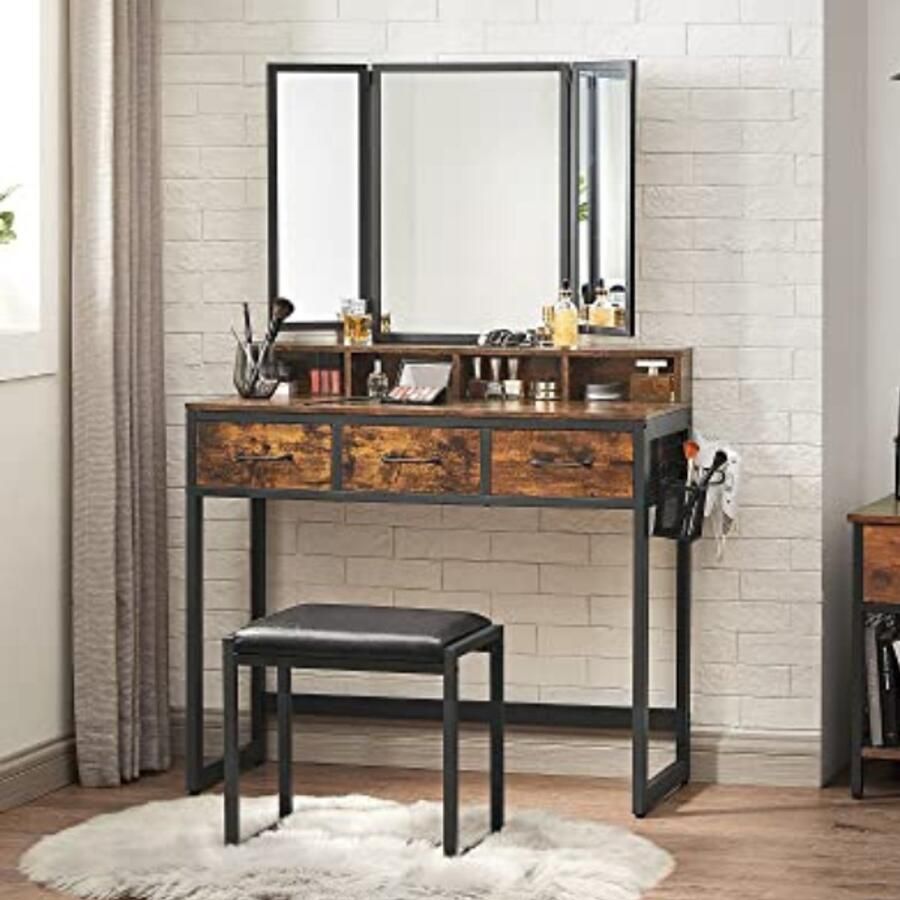 Vasagle EMOB Rustieke zwart bruine kaptafelset met spiegel en krukje Kantoor Bruin Spaanplaat Kantoor Op voorraad - Foto 2