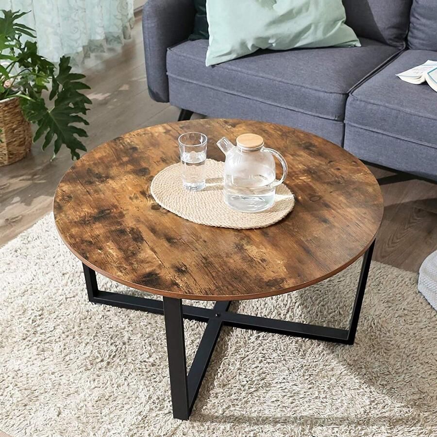 Vasagle EMOB Salontafel Roger Ø88 rustiek bruin zwart Salontafels outlet Bruin; Zwart Spaanplaat; Staal Salontafels outlet Op voorraad