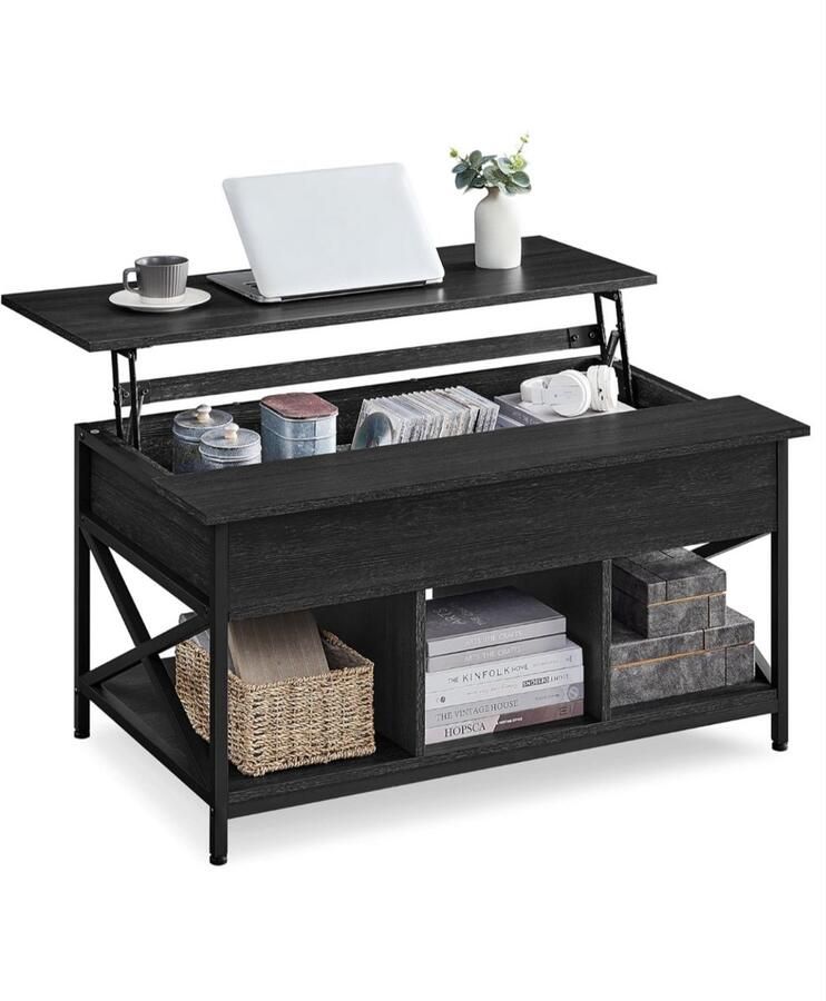 Vasagle salontafel in hoogte verstelbaar open en verborgen opbergruimte voor woonkamer kruisbeugels 60 x 100 x 48-62 cm antracietgrijs-zwart