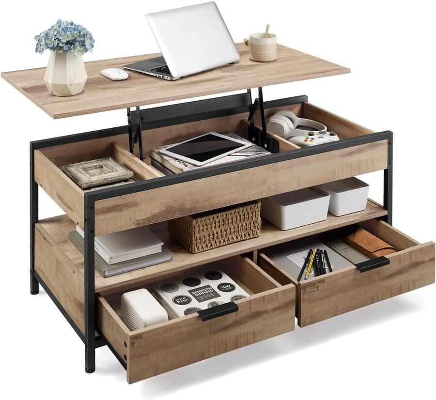 Vasagle salontafel in hoogte verstelbare woonkamertafel salontafel met laden open vak kameelbruin-inktzwart