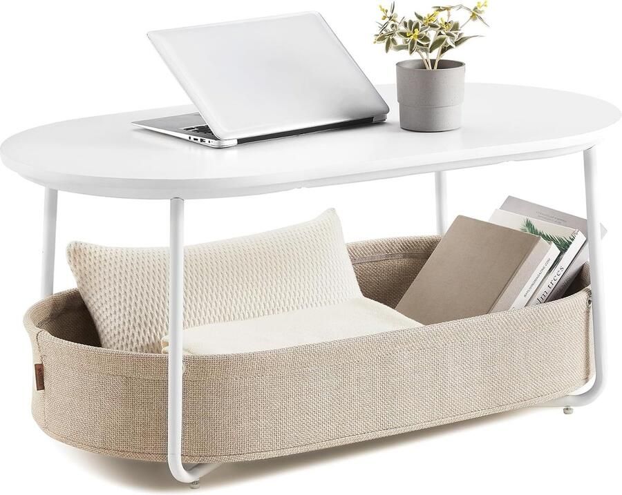 Vasagle Salontafel ovaal tafel met opbergruimte bijzettafel woonkamertafel met mand van stof modern metalen frame matwit-camelbruin