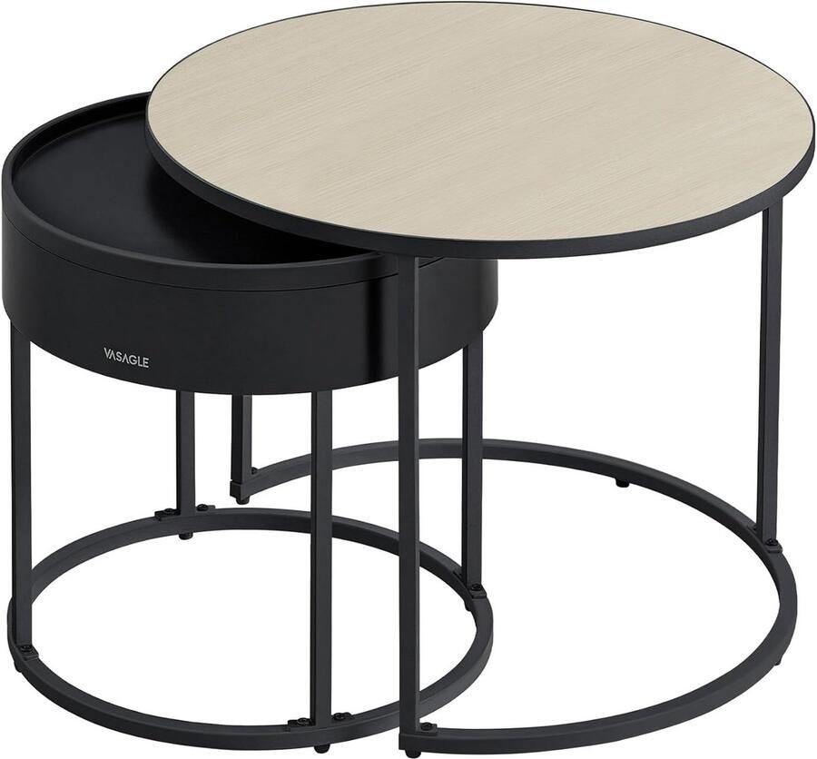 Vasagle Salontafels set van 2 ronde bijzettafels nesttafels moderne stijl verborgen opslag en bovenste lade voor woonkamer slaapkamer balkon naturel beige en inktzwart