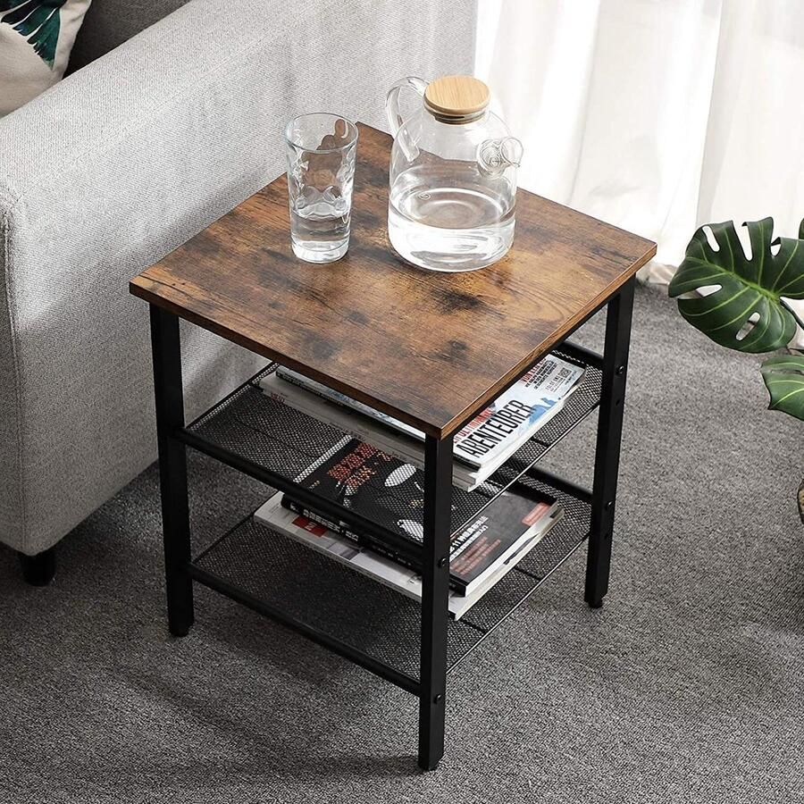 Vasagle EMOB Set van 2 bijzettafels Brad 40x40 2 legplanken rustiek bruin zwart Hoektafels Bruin; Zwart Spaanplaat; Staal Hoektafels Op voorraad