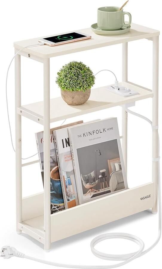 ‎VASAGLE Smalle bijzettafel met stekkerdoos sidetable nachtkastje op 3 niveaus bijzettafeltje voor kleine ruimtes tijdschriftenrek woonkamer slaapkamer kantoor crème wit