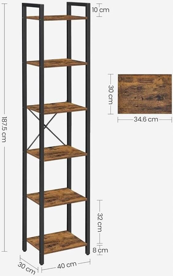 Vasagle Staande boekenkast pilaar met legplanken kast vintyge eik rustiek zwart