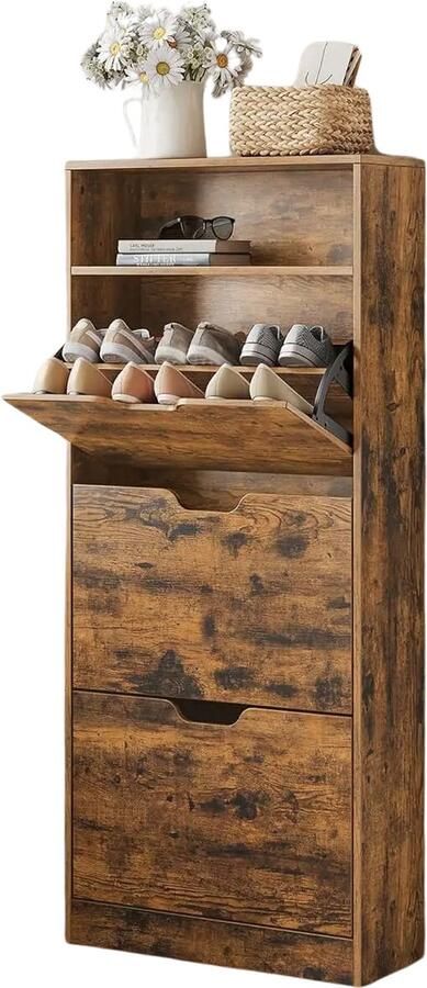 Vasagle Vasalge Schoenenkast XXL Schoenenbank Met Lade Schoenenrek Halbank 20 Schoenen Schoenenkast met Ruime Opbergruimte en Elegant Design Vintage