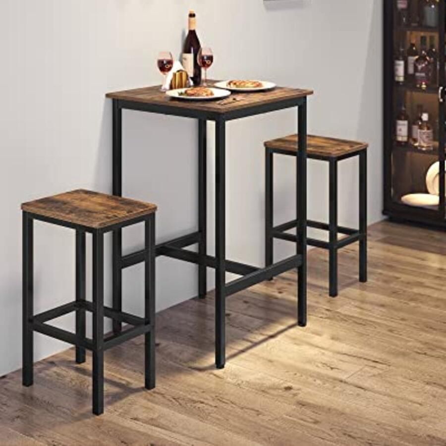 Vasagle EMOB Vierkante ontbijtbartafel met zwaar stalen frame 60x60x90cm Bartafels Bruin; Zwart Metaal; Spaanplaat Bartafels Op voorraad
