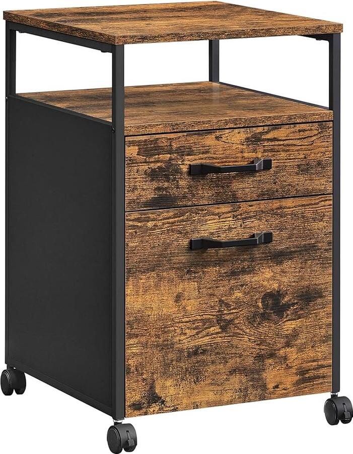 Vasagle Vintage Industriële Ladenkast op Wieltjes Houten Kantoorkast met 2 Lades voor Opslag Robuust Metalen Frame